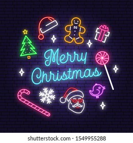 Merry Christmas and 2020 Happy New Year neon sign with christmas tree, christmas gift, santa hat, bird. Vector. Neon design for xmas, new year emblem, bright signboard, light banner. Night signboard