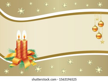 Merry Christmas 2020. Holiday background with candles and balls on a golden background with snowflakes, place for text. Vector illustration