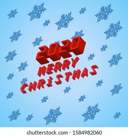 MERRY CHRISTMAS 2020. Isometric inscription with blue snowflakes. Background, banner. Vector illustration.