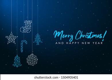 Merry Christmas and 2020 New Year low poly card. Polygonal wireframe mesh illustration with hanging Christmas decorations. Vector.