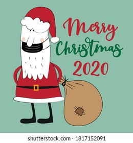 Feliz Navidad 2020 - Santa Claus con máscara facial. Graciosa tarjeta de saludo para Navidad en el período autoaislado de la pandemia covid-19. 