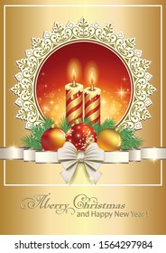Merry Christmas 2020. Vector design of festive greeting card with candles and balls on a gold background with ribbon and bow. Vector illustration