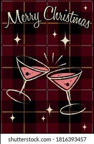 Merry Christmas 2021, Cocktail Glasses, Plaid Pattern Background, 1950s Shapes Retro Greeting Card Style 