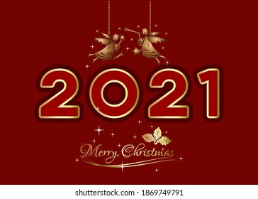 Merry Christmas 2021. Christmas greeting card. Christmas logo design with Christmas angels and gold lettering on a red background. Vector illustration