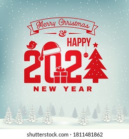 Merry Christmas and 2021 Happy New Year stamp, sticker set with snowflakes, hanging christmas ball, santa hat. Vector. Vintage typography design for xmas, new year emblem in retro style.