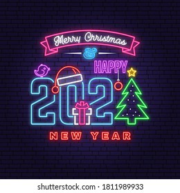 Merry Christmas and 2021 Happy New Year neon sign set with snowflakes, hanging christmas ball, santa hat. Vector. Vintage typography design for xmas, new year emblem in retro style.