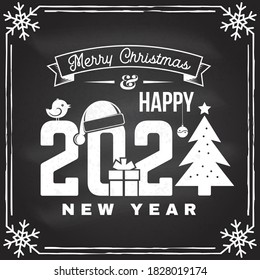 Merry Christmas and 2021 Happy New Year stamp, sticker set with snowflakes, hanging christmas ball, santa hat. Vector. Vintage typography design for xmas, new year emblem in retro style.