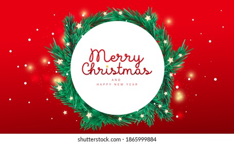 Merry Christmas and 2021 Happy New Year horizontal greeting card design with decor christmas tree fir frame and stars with text on gradient background. Flat lay, top view, art vector illustration