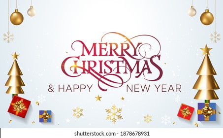 Merry Christmas and 2021 Happy New Year Typographical on shiny Xmas background with winter holiday landscape, snowflakes, light, Christmas tree, gifts box. Glass Balls hanging on ribbon and card