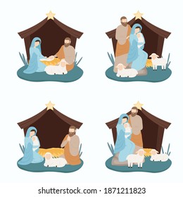 Merry Christmas 2021
Jesus Is Born In A Manger With A Sheep. Child With Maria And Joseph
Vector Illustration.