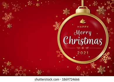 Merry Christmas 2021 text in bauble ball frame with golden snowflakes and copy space on red background
