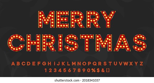 Merry Christmas 2021 Vintage Text With Alphabet And Numbers. Neon Letters Typeface For Retro Party Or Event Signboard.