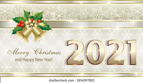 Merry Christmas 2021. Winter holiday greeting card design template. New Year's holiday posters. Happy New Year light festive background with bells and snowflakes decorated ribbon.