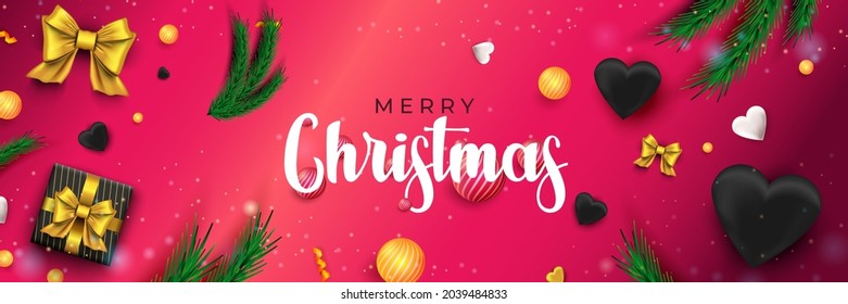 Merry Christmas 2022 banner. Holiday concept with festive bows, pine, gifts, balls, ribbons on pink background. Xmas celebration poster. Vector illustration with realistic elements for header website