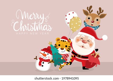 Merry Christmas 2022 greeting card with Santa Claus, deer, snowman and tiger. Cute animal holiday cartoon character vector.