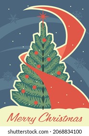 Merry Christmas 2022 Greeting Card, Mid Century Modern Holidays Postcards style, Christmas Tree, Decorations and Snowflakes