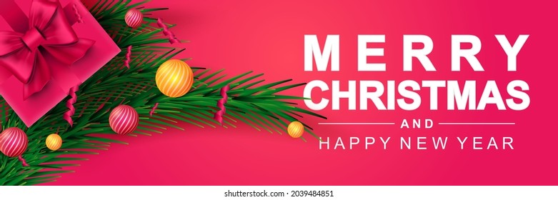 Merry Christmas 2022 and Happy New Year banner. Xmas holiday poster. Gift box, pine branches, festive balls, ribbons on pink background. Vector illustration with realistic elements for header website