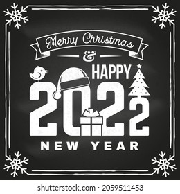 Merry Christmas and 2022 Happy New Year stamp, sticker set with snowflakes, hanging christmas ball, santa hat, candy. Vector on the chalkboard. Design for xmas, new year emblem in retro style.