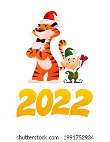 Merry Christmas 2022 illustration with tiger in Santa hat and little elf with gift isolated. Vector flat cartoon style. For banners, sale cards, posters, tags, web, flyers, advertisement etc.