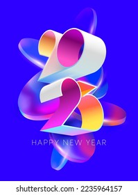 Merry Christmas 2023. 3D lettering design with abstract geometric shapes. Bright iridescent greeting card.