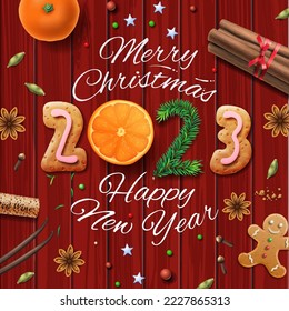 Merry Christmas 2023, composition made with cookies, spices cinnamon, anise, vanilla, oranges on red wooden background. Vector illustration