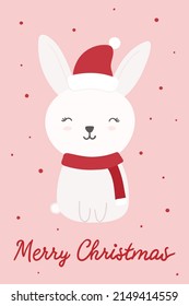 Merry Christmas 2023 Greeting Card Poster Banner with rabbit and 2023 calligraphic. Santa hat and scarf. design element vector illustration