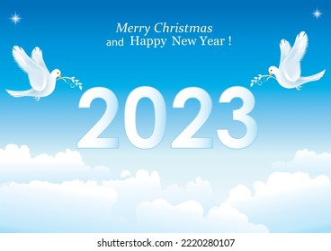 Ferry Christmas 2023 tarjeta de saludo con palomas cargando ramas de laurel contra cielo nublado, combinación de tonos blancos y azules, 3d vector