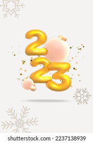 Merry Christmas 2023 greeting card template. Realistic render luxury modern holiday mockup cover poster design. New Year's eve Festive winter composition with bauble and snowflake. 