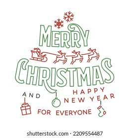 Merry Christmas and 2023 Happy New Year stamp, sticker set with angels, santa claus in sleigh with deer and christmas gifts. Vector. Line art design for xmas, new year emblem in retro style.