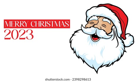 merry Christmas 2023 with laughing santa face . Greeting card, banner, poster
