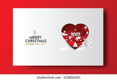 Merry Christmas 2023.
Paper style heart shaped 3d design. Shiny Christmas and New Year background with pine tree, Snowflakes, gift wrap. vector illustration