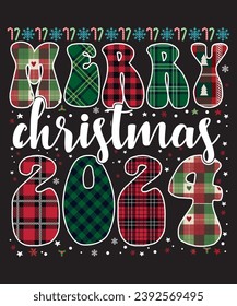 Merry Christmas 2024 Buffalo Plaid Red Santa Hat Xmas Pajamas T-Shirt, Shirt Print Template