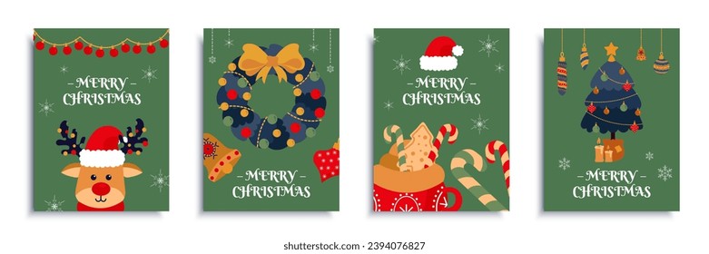 Merry Christmas 2024 cover brochure set in flat design. Poster templates with cute reindeer in Santa Claus hat, wreath with bow, tree with toys, lollipop, other New Year decor. Vector illustration.