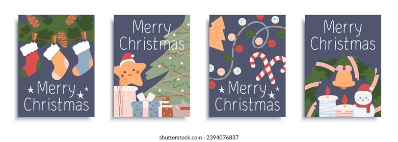 Merry Christmas 2024 cover brochure set in flat design. Poster templates with fir branches with pine cones, socks for Xmas gifts, festive tree, garlands, other holiday decor. Vector illustration.