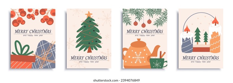 Merry Christmas 2024 cover brochure set in flat design. Poster templates with Xmas gifts, holly berries, festive tree, fir branches, kettle, candles, other celebration decor. Vector illustration.