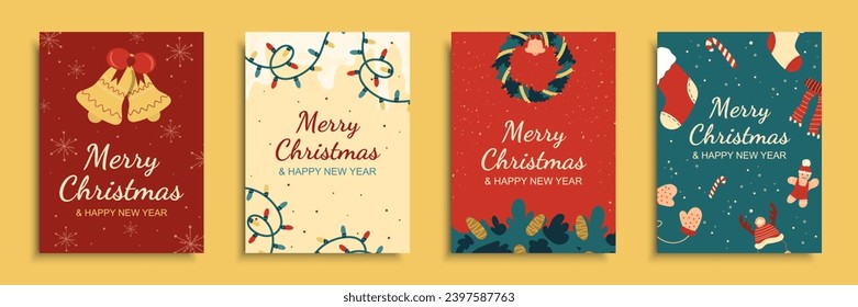 Merry Christmas 2024 cover brochure set in flat design. Poster templates with bells with bow, garland lights, wreath with pine cones and xmas decor, festive, socks and candies. Vector illustration.