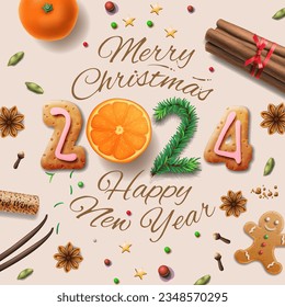 Merry Christmas 2024, design made with spices, cinnamon, anise, vanilla, oranges, cookies. Vector illustration.