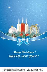 Merry Christmas 2024. Festive background with gift box and candles on fir branches with cones and rowan berries. Vector illustration for greting card, poster, cover. 