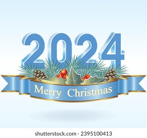 Merry Christmas 2024. Festive background with the date 2024, greeting card, vector composition design with New Year symbols on blue background with decorative ribbon and congratulation.