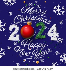 Merry Christmas 2024. Hand drawing ornamental number and text and doodle snowflakes on blue background, vector illustration