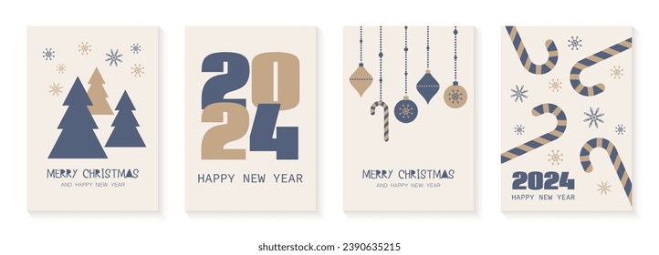 Merry Christmas and 2024 Happy New Year greeting cards. Vector set of minimal Christmas posters, banners, covers, social media posts