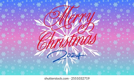 Merry Christmas 2024. Multi colored desing, snow falling, snow flakes,blue,pink,red Illustration