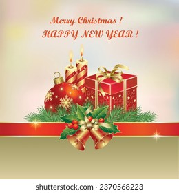 Merry Christmas 2024. New year card with gift box, Christmas ball and candles on multicolor background with ribbon and bells. Vector design for winter holidays.