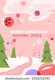 Merry Christmas 2024 postcard. International winter holiday and festival. Invitation to New Year. Snow with colorful candies and trees. Template and mock up. Cartoon flat vector illustration