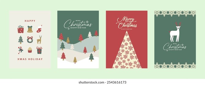 Merry Christmas 2024 Set of Greeting Cards with Winter Decoration. Best for Posters, Xmas Holiday Covers. Xmas Design with Beautiful Snowflakes. Christmas Tree, Seasonal Background. 