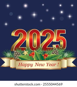 Merry Christmas 2025. Festive card with date 2025 and festive decoration with golden ribbon and greetings on background with stars. Vector 3d illustration