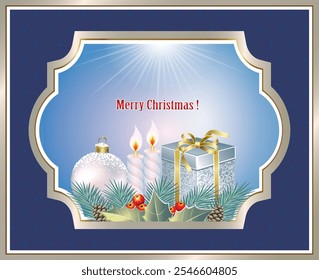 Merry Christmas 2025. Greeting card with gift box, candle and Christmas tree ball ina figured frame. Holiday background is decorated with fir branches and rowan berries. Vector illustration