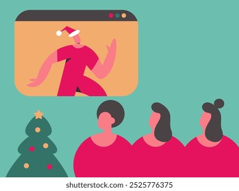 Merry Christmas 2025 greeting via video call. Greetings and online holiday wishes. Flat vector illustration.