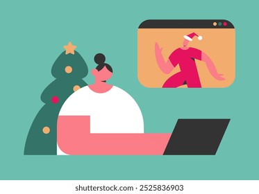 Merry Christmas 2025 greeting via video call. Greetings and online holiday wishes online. Flat vector illustration.