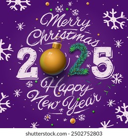 Merry Christmas 2025. Hand drawing ornamental number and text and doodle snowflakes in purple background, vector illustration